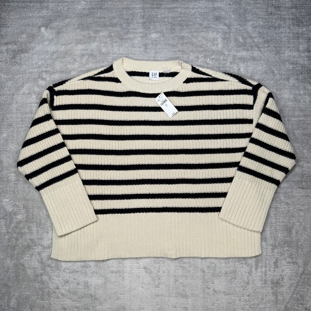 Gap Kids Sweater Youth Large Cream Navy Striped Shaker Stitch Pullover NWT